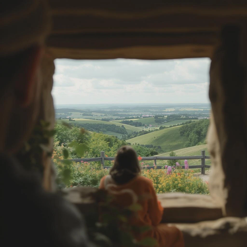 "Two shot" of a person in the foreground, blurred plants in the foreground (frame within a frame), a wooden fence and colorfull flowers in the midground, Poland, rolling hills in the background, cinematic depth of field, layered composition, natural lighting emoji