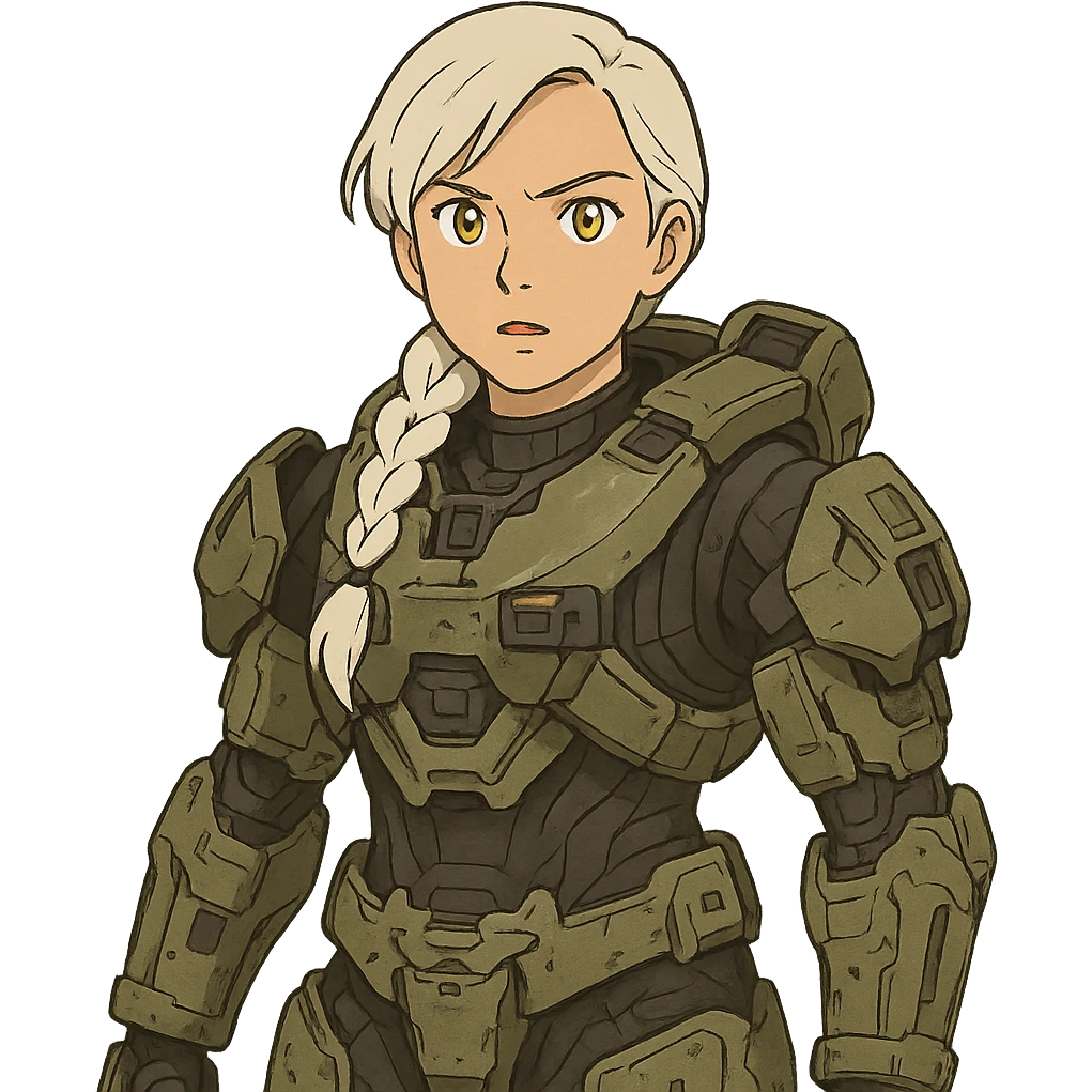 female, wearing reach spartan armor default, long white braid hair, gold yellow eyes, attention pose, halo series, no helmet emoji