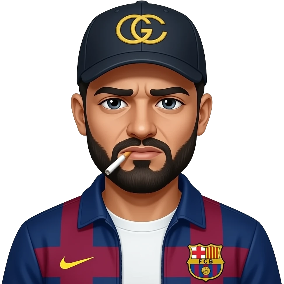 Arabe, avec joint de shit dans la bouche, et les yeux très très  fatigués, veste Barca, casquette Gucci. Rend le dangereux et menaçant emoji