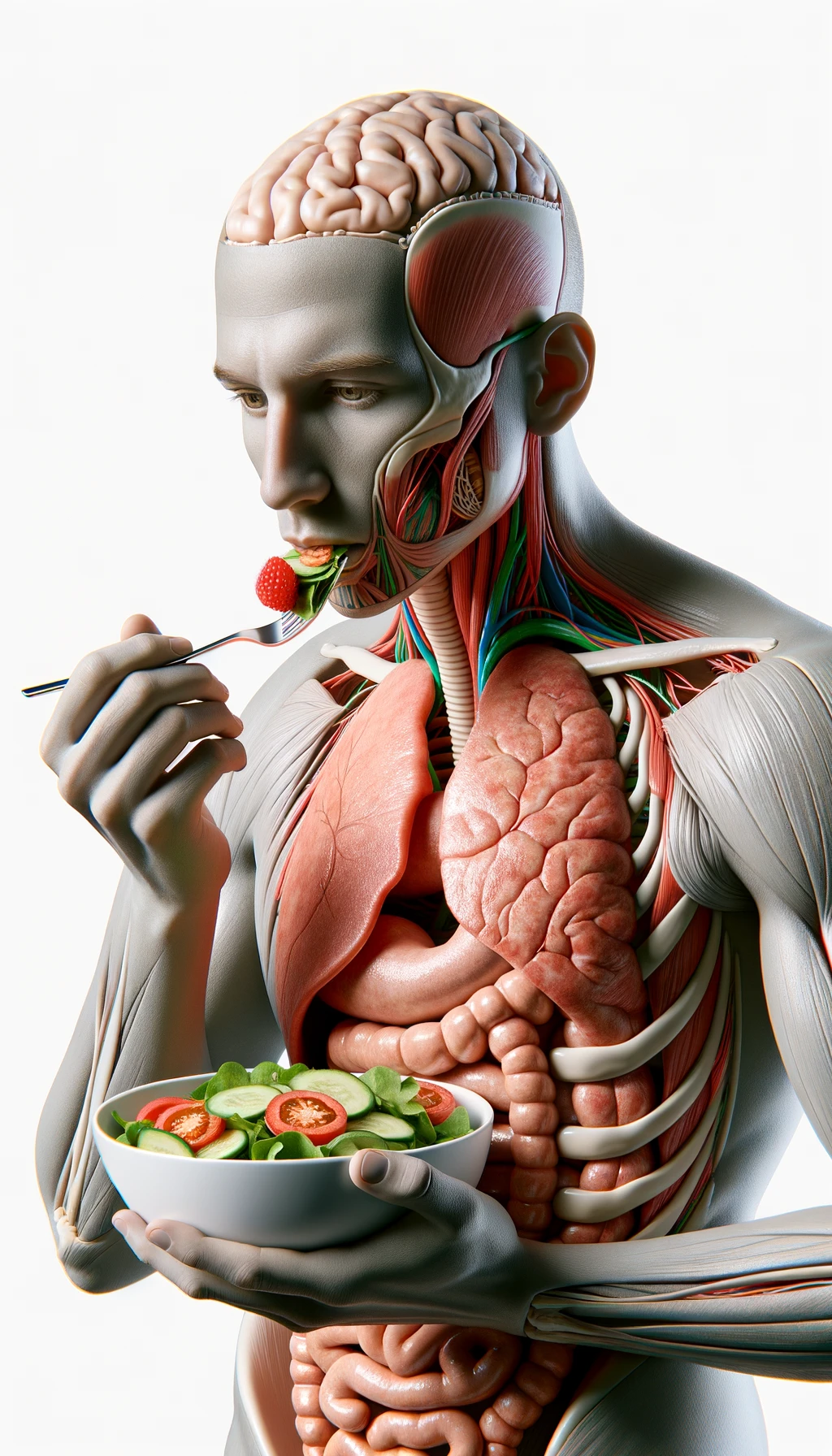 corpo umano anatomico con intestino in evidenza mentre mangia un'insalata con espressione neutra in volto, iperrealistico 4k, isolato su sfondo bianco emoji