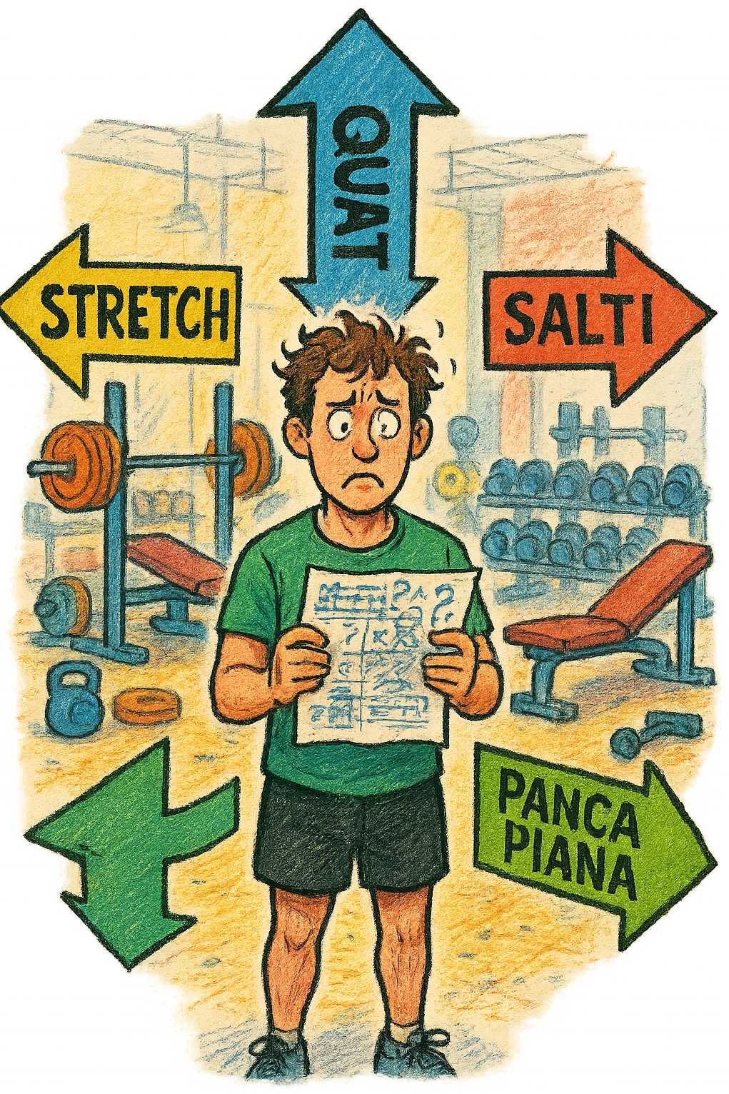 a person stands in the center of a gym, surrounded by arrows pointing in all directions, each labeled with a different exercise (e.g., “squat,” “Salti,” “stretch,” “Panca Piana”). The person looks bewildered, holding a workout plan with scribbles and question marks. The scene is colorful but visually messy, symbolizing confusion. in italiano immagine iperrealistica emoji