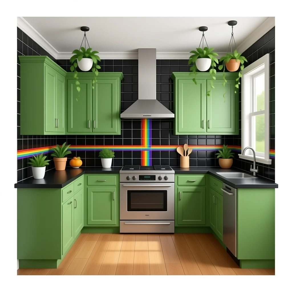 fancy kitchen with black wall tiles with rainbow lines between them, kelly Green cabinets, black countertops, wood floors and decorative plants on the ceiling emoji