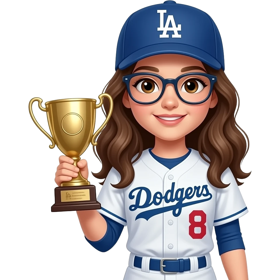 Girl with glasses with brown eyes & long wavy hair wearing dodgers holding trophy wearing #8 emoji