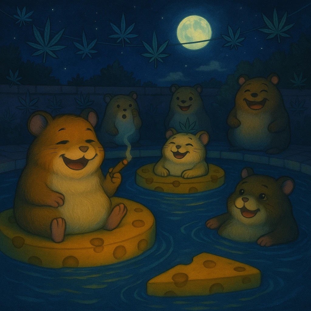 Make the scene night time with a dark sky, glowing pool lights, and moonlight. Keep the Ghibli style and cult weed cheese pool party theme. emoji