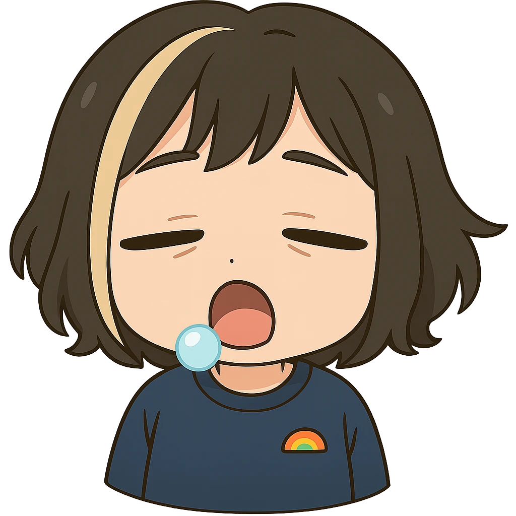 Make this exact chibi girl look sleepy in the same anime chibi style, keeping the same face, hair, and outfit. Remove the tears, add droopy eyelids, a small yawn or sleepy mouth, and a little snot bubble. Transparent background, sized for Twitch emoji use. emoji