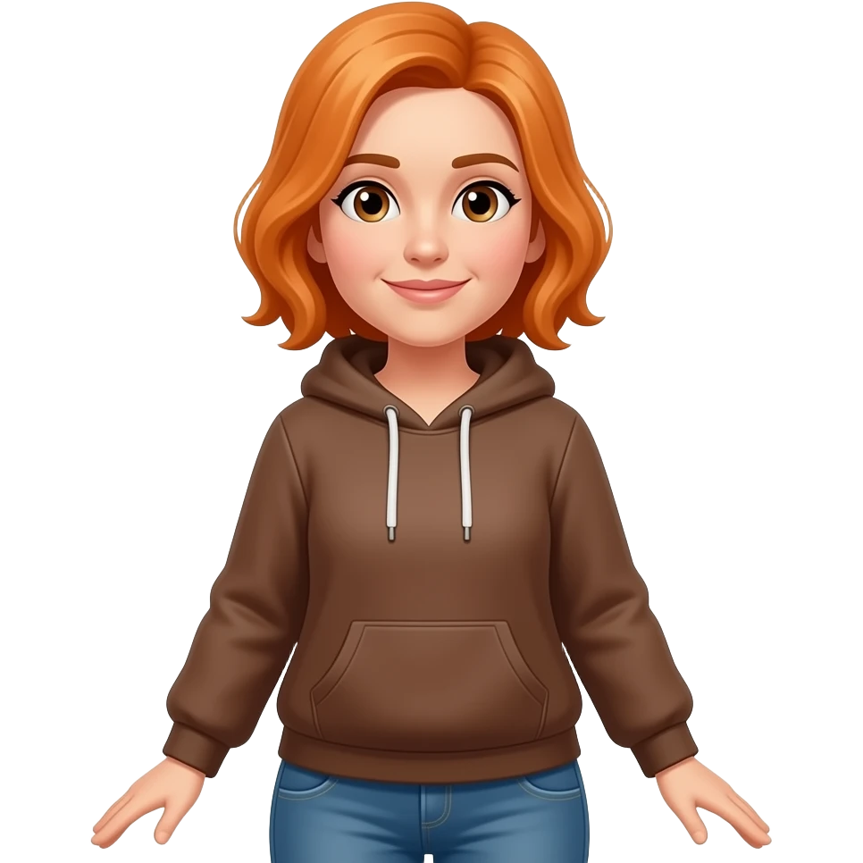 una señora de 38 años con sudadera marron amarangado com pelo amaranjado y pantalones casuales emoji