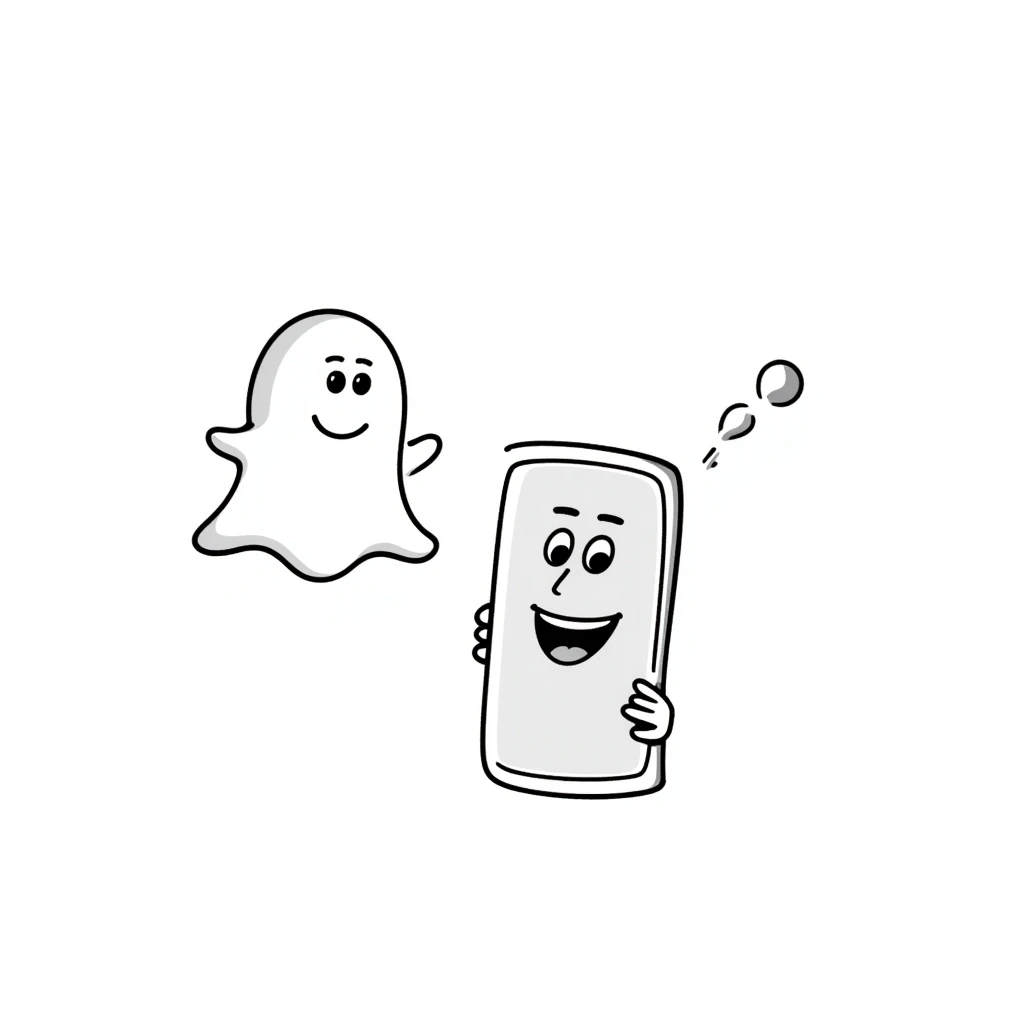smiley face with phone, Snapchat ghost floating nearby emoji