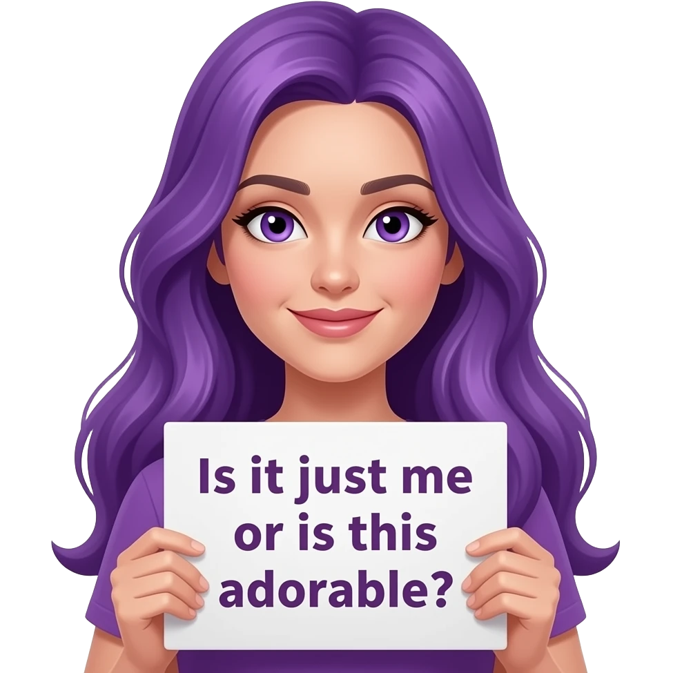 sexy girl with long purple hair and purple eyes holding a Is it just me or is this ADORABLE sign emoji