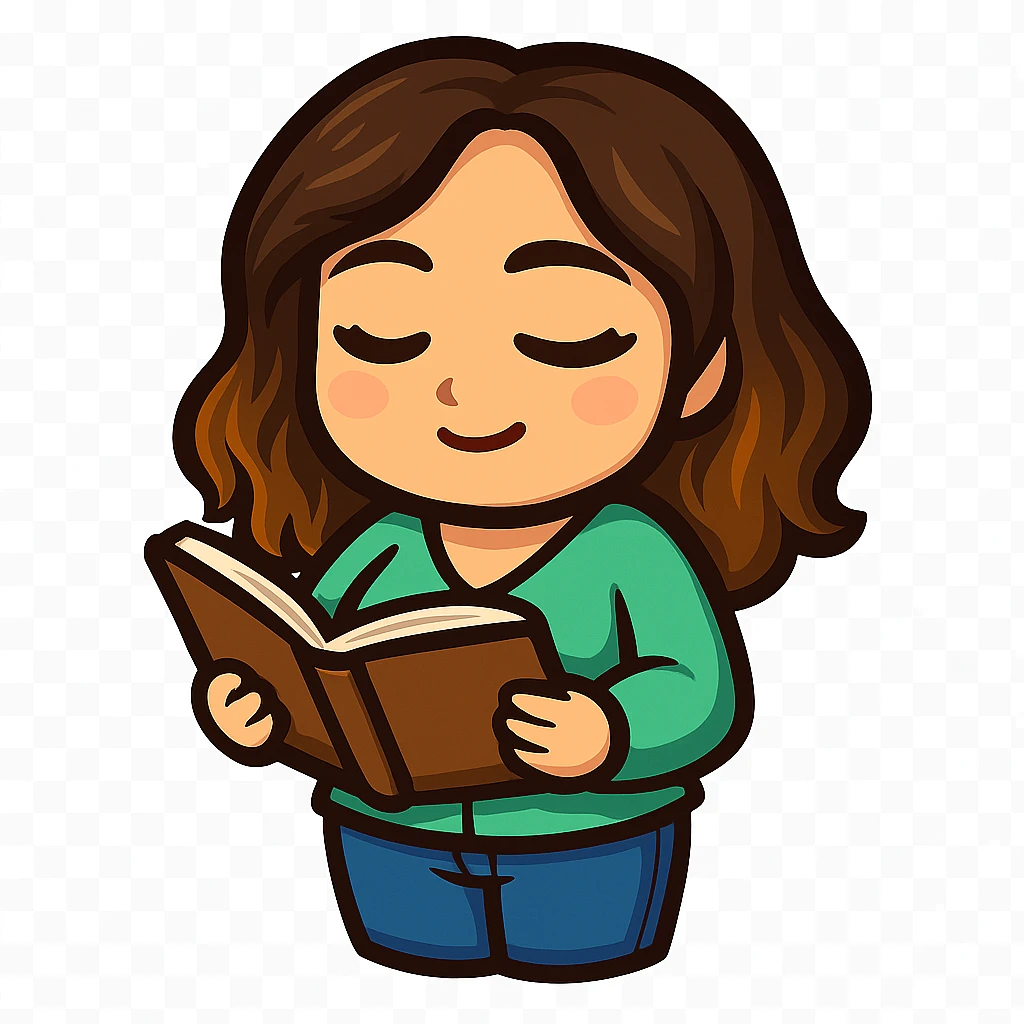 Sticker style chibi emote, matching the attached green heart emote as a base, but with a slightly skinnier body and a bigger chest. Woman from reference, mint green blouse and blue jeans, reading a book, cute focused face, no headband, no wand, no green heart, transparent background. Top color should not match jeans. emoji