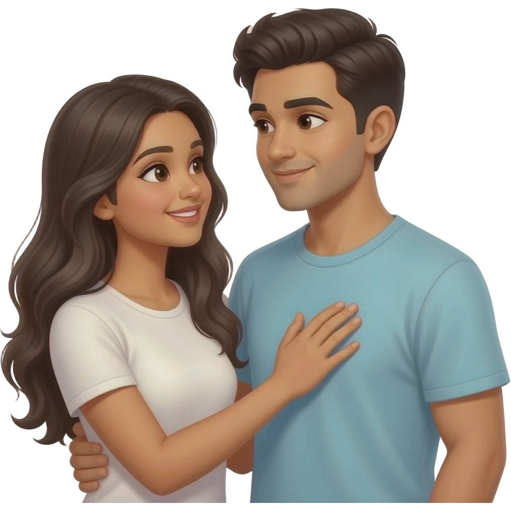 long haired Indian lady in T-shirt holding her hand on boyfriend heart looking at each other lovingly emoji
