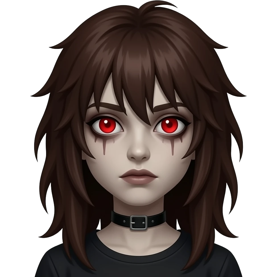 Girl, zombie, brown hair, long, emo, shaggy, dark, spooky, creepy, red eyes emoji