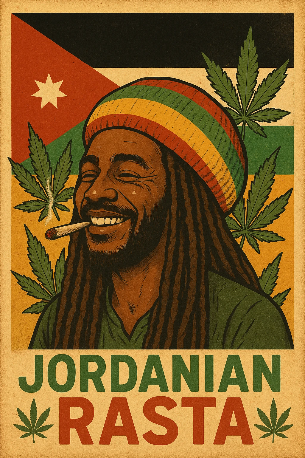 A digital vintage-style poster illustration of a Jordanian Rasta man with dreadlocks, wearing a red, yellow, green striped tam hat. He is smiling peacefully with a lit herbal spliff in his mouth. The background features the official Jordan flag — black, white, green horizontal stripes with a red triangle and a white 7-point star — accurately displayed behind him. Cannabis leaves are tastefully arranged around the composition, and the poster includes Rasta color textures blended with the Jordanian palette. Use a retro poster style with warm, slightly aged textures, bold outlines, and soft shading to evoke a soulful reggae vibe that honors both Jordanian pride and Rasta spirit. The mood is chill, powerful, and respectful emoji