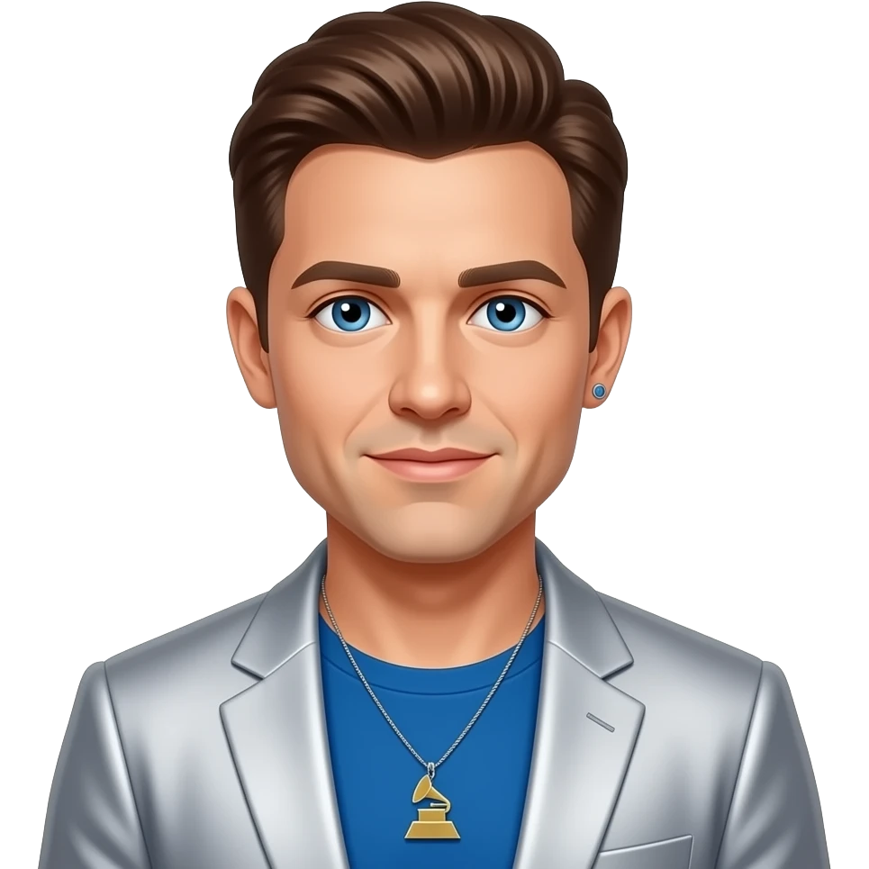 JC Chasez from NSYNC with blue eyes, brown hair, grammy blue shirt and silver suit jacket, necklace and short earrings emoji