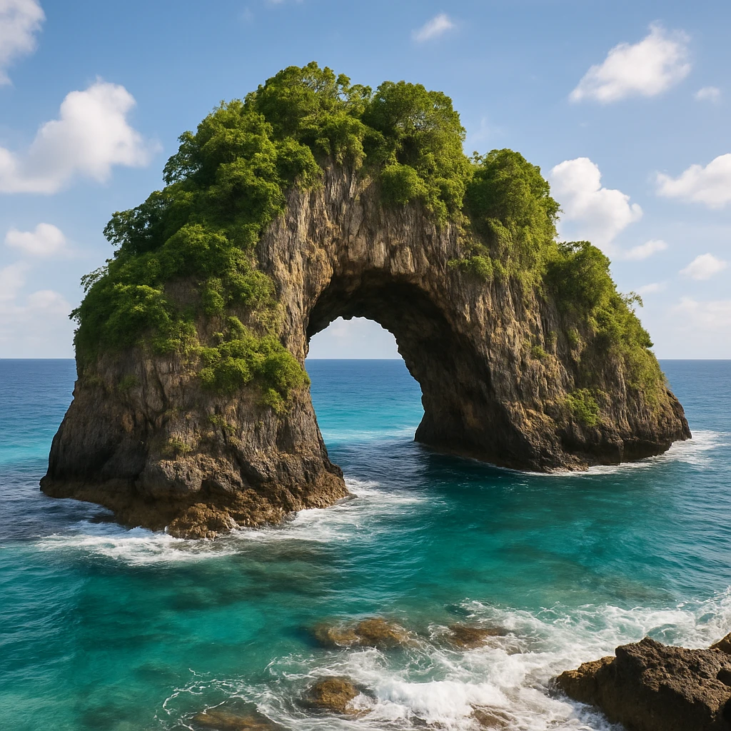 an island with a large hole or arch through it, surrounded by water, realistic and detailed emoji