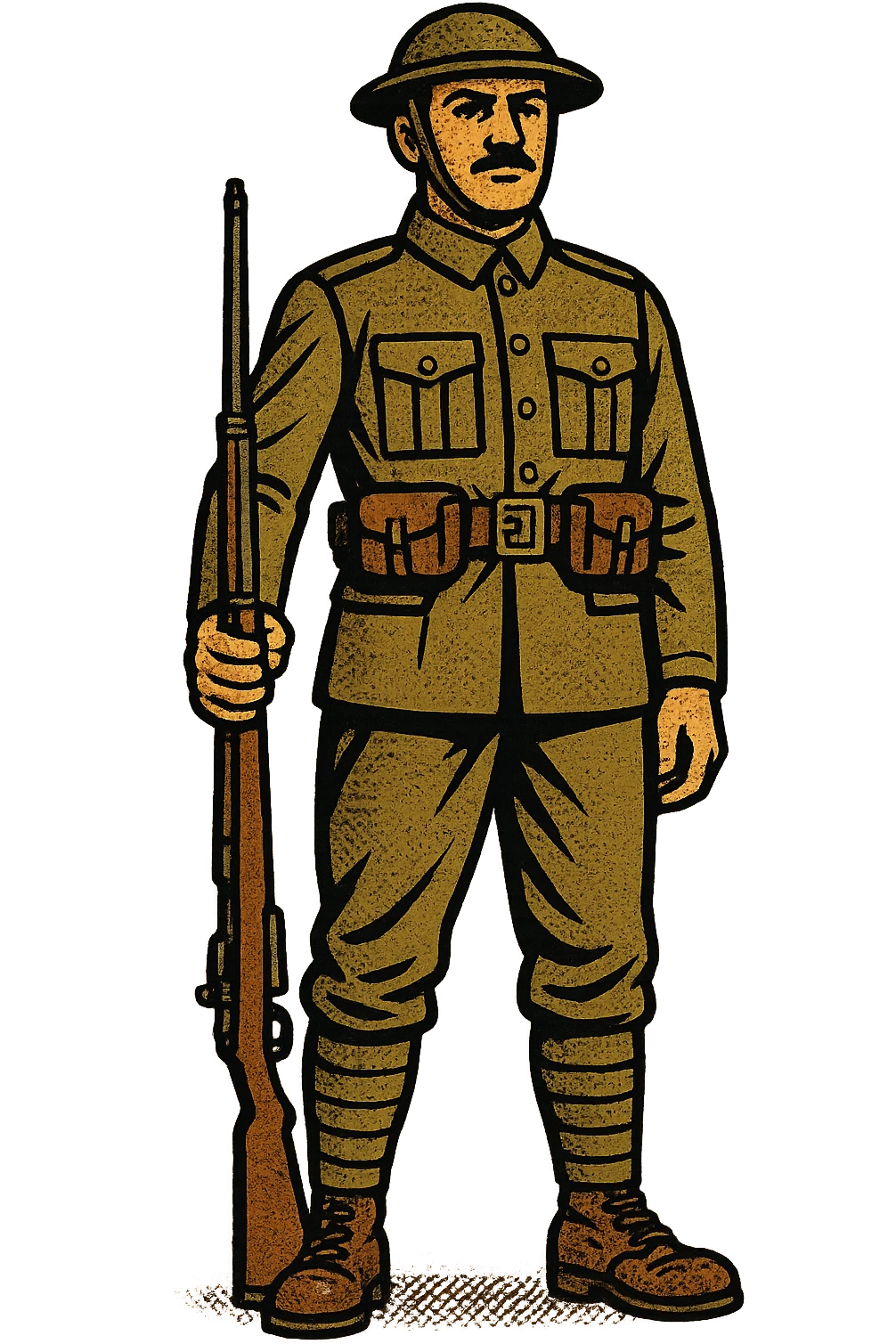 The full body of a British soldier standing up straight with his rifle by his side. The soldier is facing forward looking brave emoji