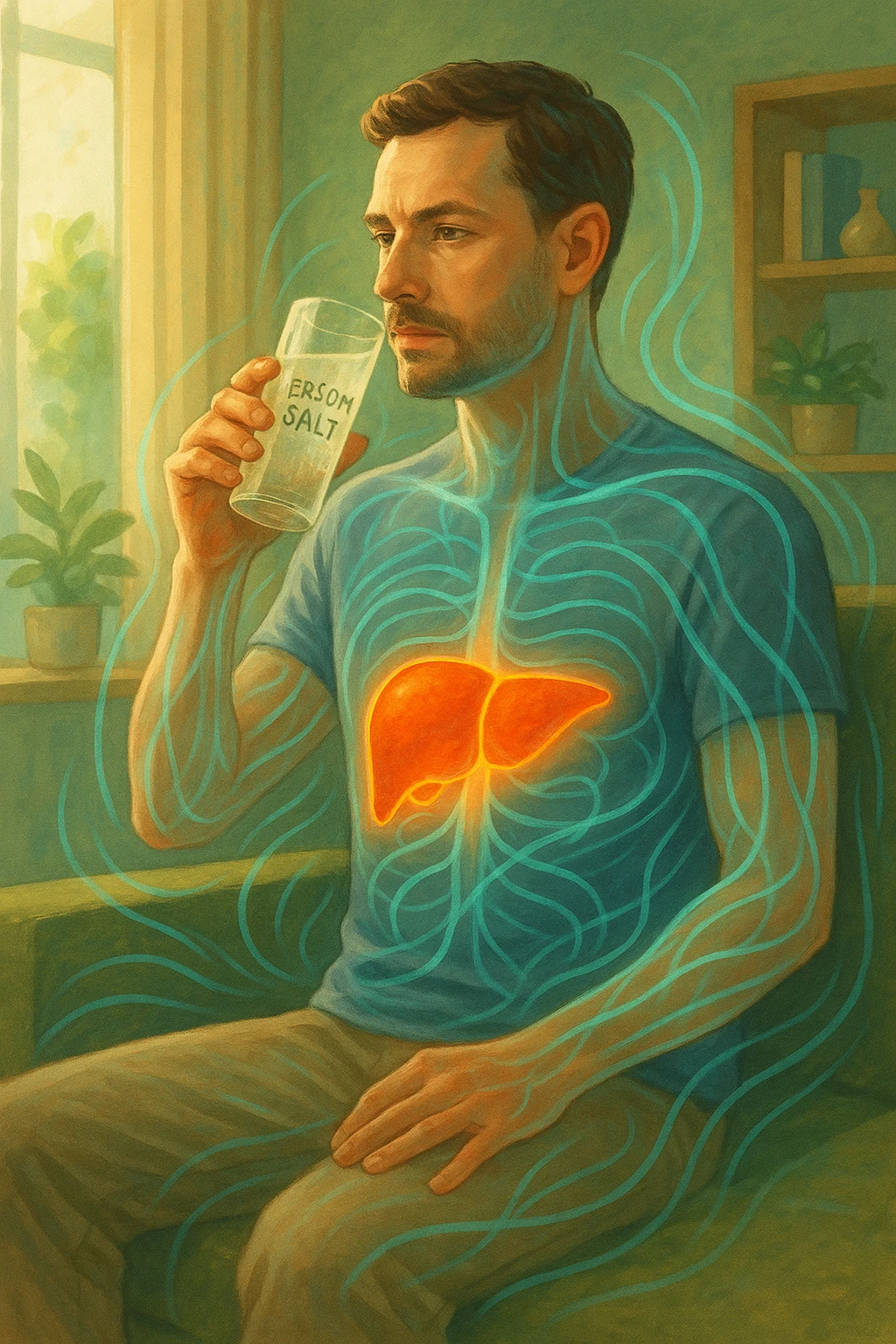 A man in a calm domestic environment, sitting with a transparent bottle or glass in hand containing an Epsom salt solution. He has a focused and aware expression. His body is partially transparent, with the liver highlighted brightly as if in a cleansing phase. Around the body, fluid energetic lines symbolize detoxification. The atmosphere is relaxed and natural, with warm light and green and blue tones representing health and purification. emoji