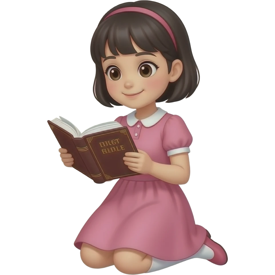 chica con vestido color rosa, de cabello oscuro y corto, leyendo la biblia de rodillas emoji
