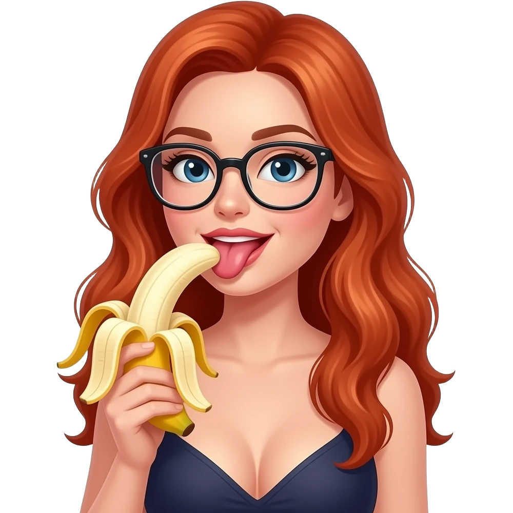 lei capelli rossi lunghi con occhiali, succhi la banana in modo sensuale con la lingua mentre lecca con seni fuori emoji