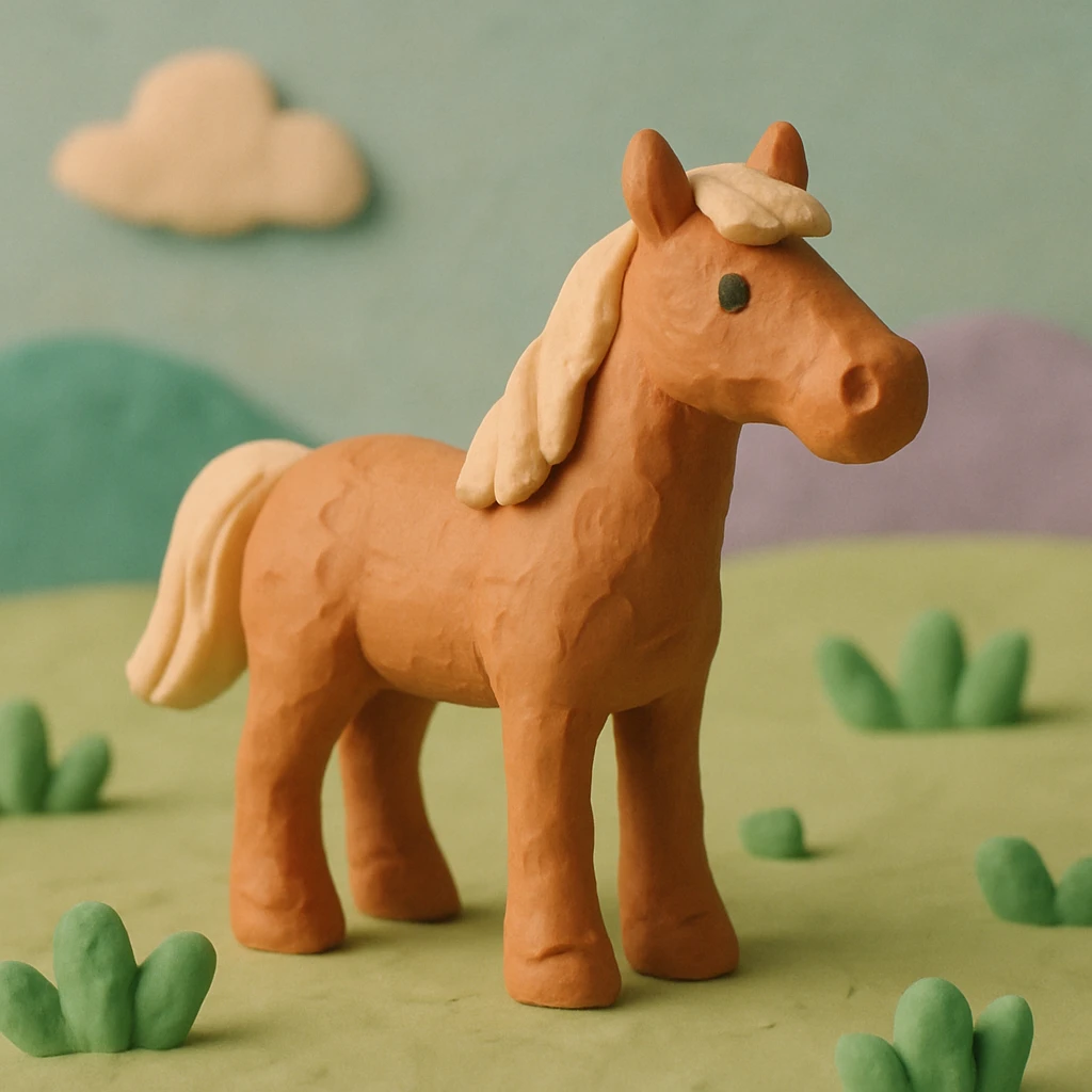 horse standing in a field, pastel colors, visible fingerprints, playful and textured, claymation style emoji