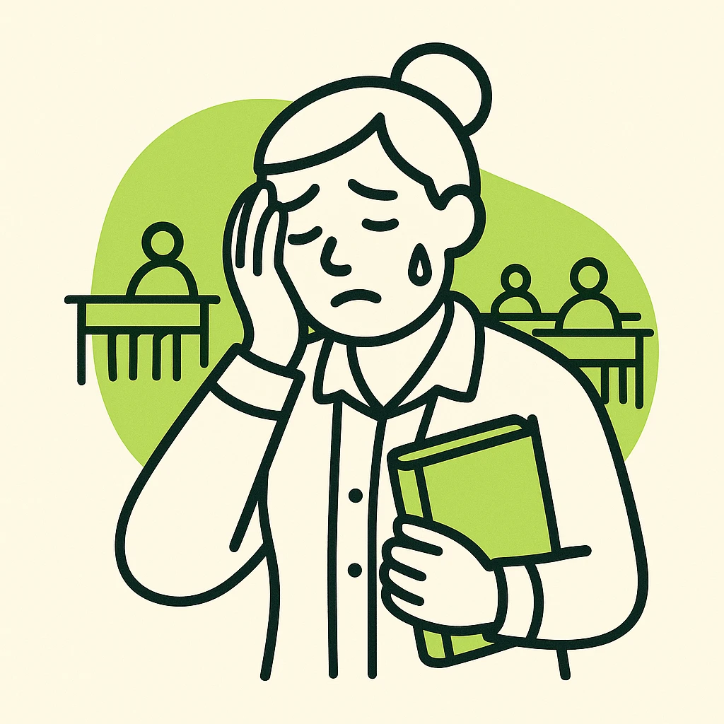 exhausted teacher in a bustling classroom emoji
