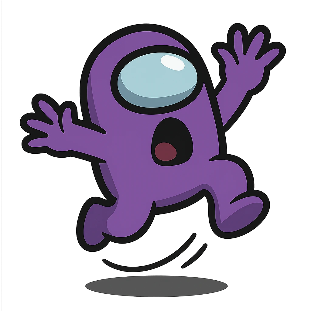 Create an Among Us crewmate character in purple, jumping, surprised expression, transparent background, in a style suitable for editing and clear character depiction. emoji