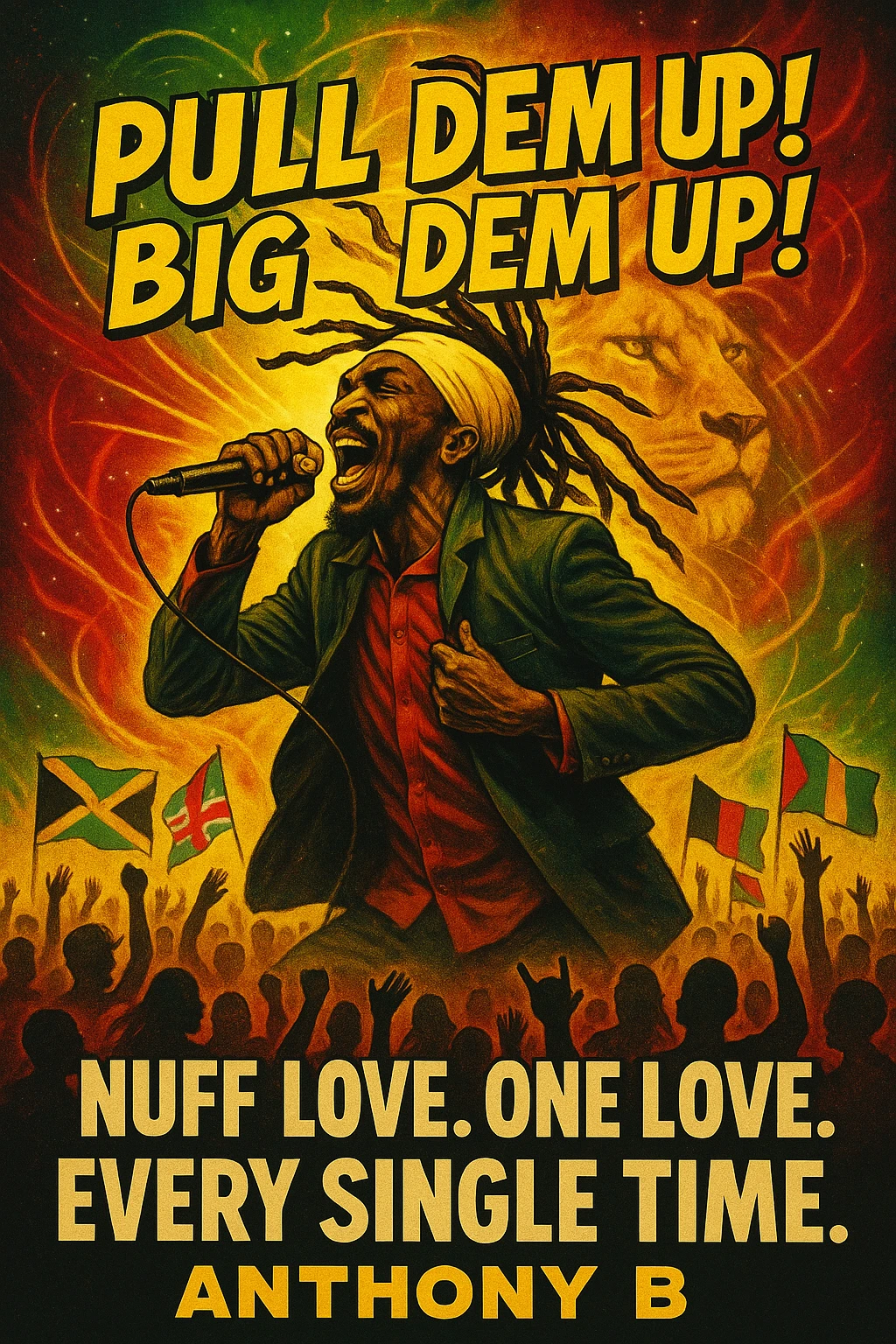 A vibrant reggae-inspired poster scene featuring Anthony B in full performance energy — dreadlocks flying, mic in hand, mid shout, pulling up the riddim. The background is a glowing fusion of red, gold, and green flames with lion imagery and subtle cosmic light trails. Around him, the words “Pull Dem Up! Big Dem Up!” explode like soundwaves. Below, a crowd of diverse viewers is shown — silhouettes of people from all nations, hands raised, flags waving (Jamaica, UK, Africa, etc). In bold text across the bottom: “Nuff Love. One Love. Every Single Time.” emoji
