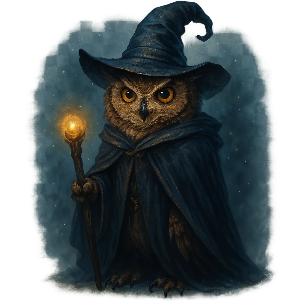owl wizard, magical, wearing a wizard hat, holding a staff, mystical atmosphere emoji