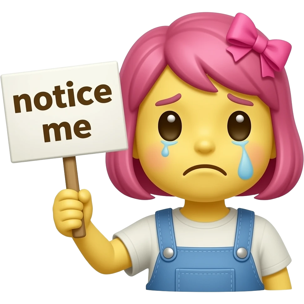 Yellow smiley with pink hairbow sad holding up a sign that says "notice me" emoji
