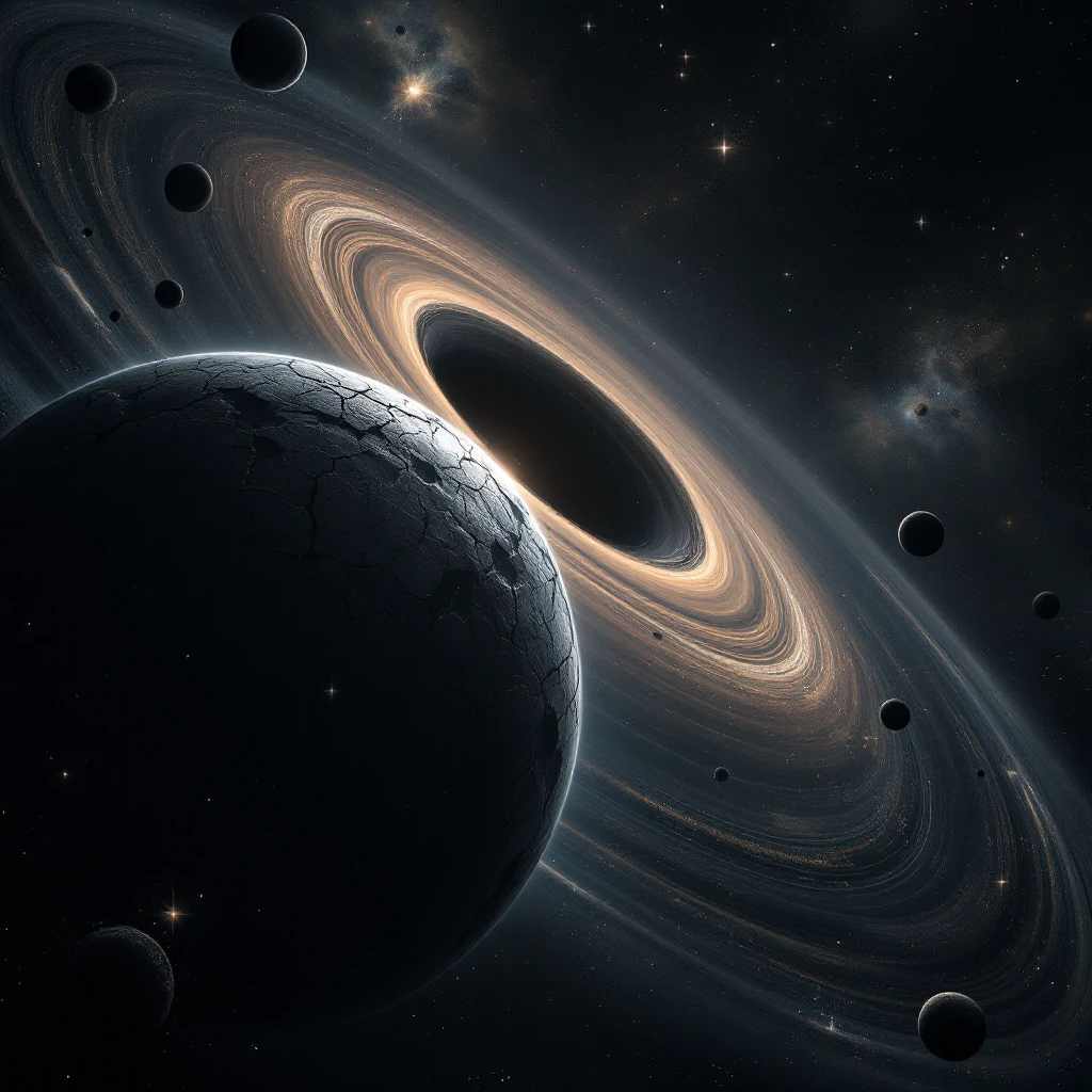 dark cosmic region orbiting black hole. No sunlight. twisted planets and moons circling in quite. Monde Noir looms in the foreground — a cracked, obsidian planet with no atmosphere. moon, Oblieth, nearby, pitted. Stars are distorted by gravitational lensing. emoji