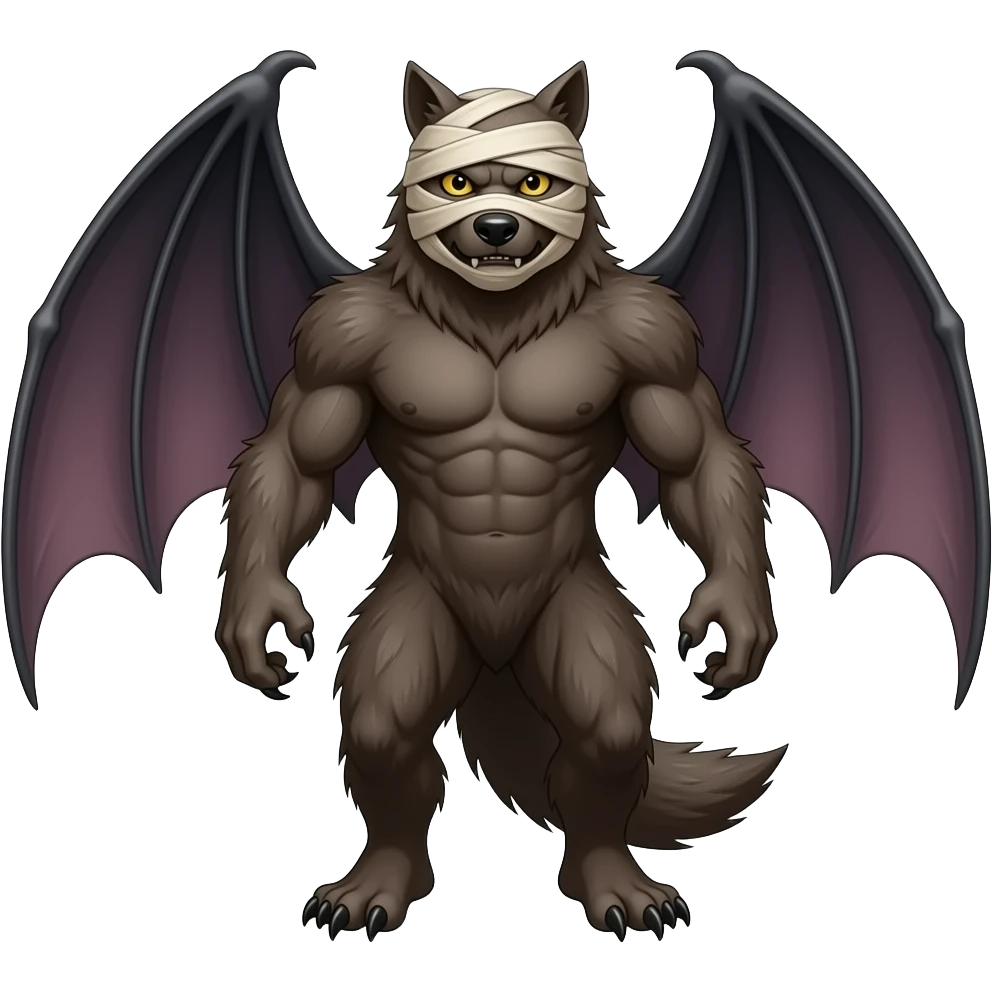 A hairy werewolf body with bat wings and mummy head emoji