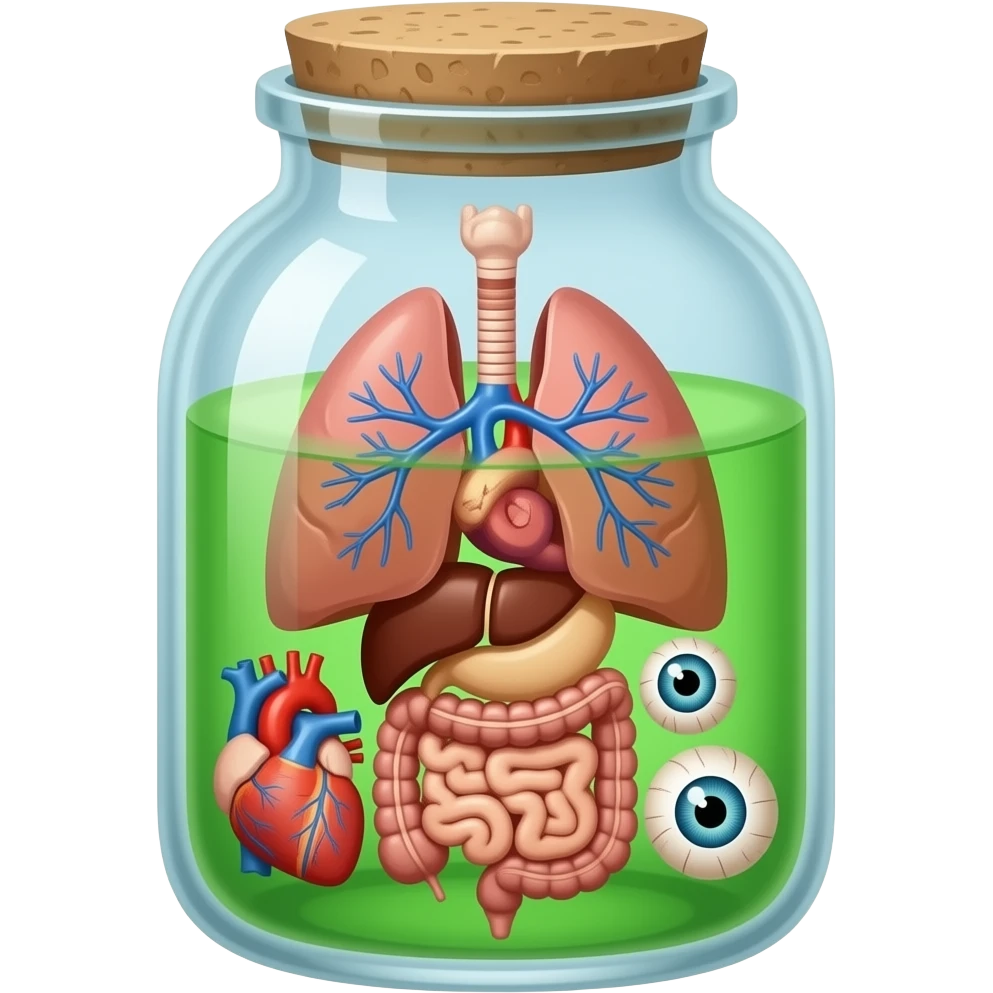 lungs heart liver stomach intestines brain  eyeballs in a jar green liquid emoji
