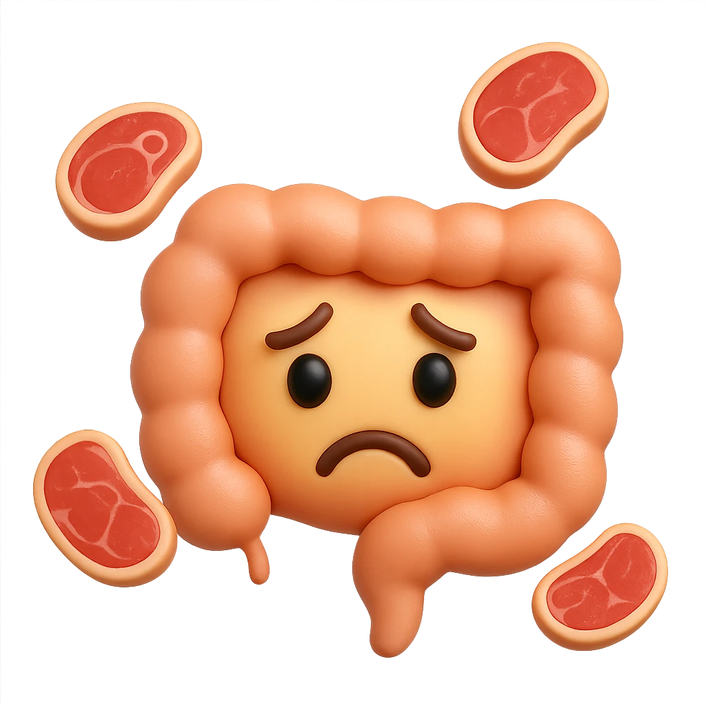 emoji stile iphone in 3d di un intestino triste con fette di carne che gli fluttuano intorno emoji