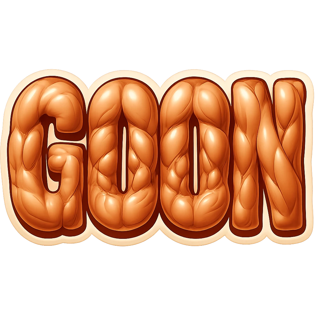 Enhance the muscles to bulge more prominently and exaggeratedly beneath the glossy, realistic skin of the word GOON. The muscle shapes should be very pronounced and exaggerated beneath the shiny skin, in retro sticker style with no background. emoji