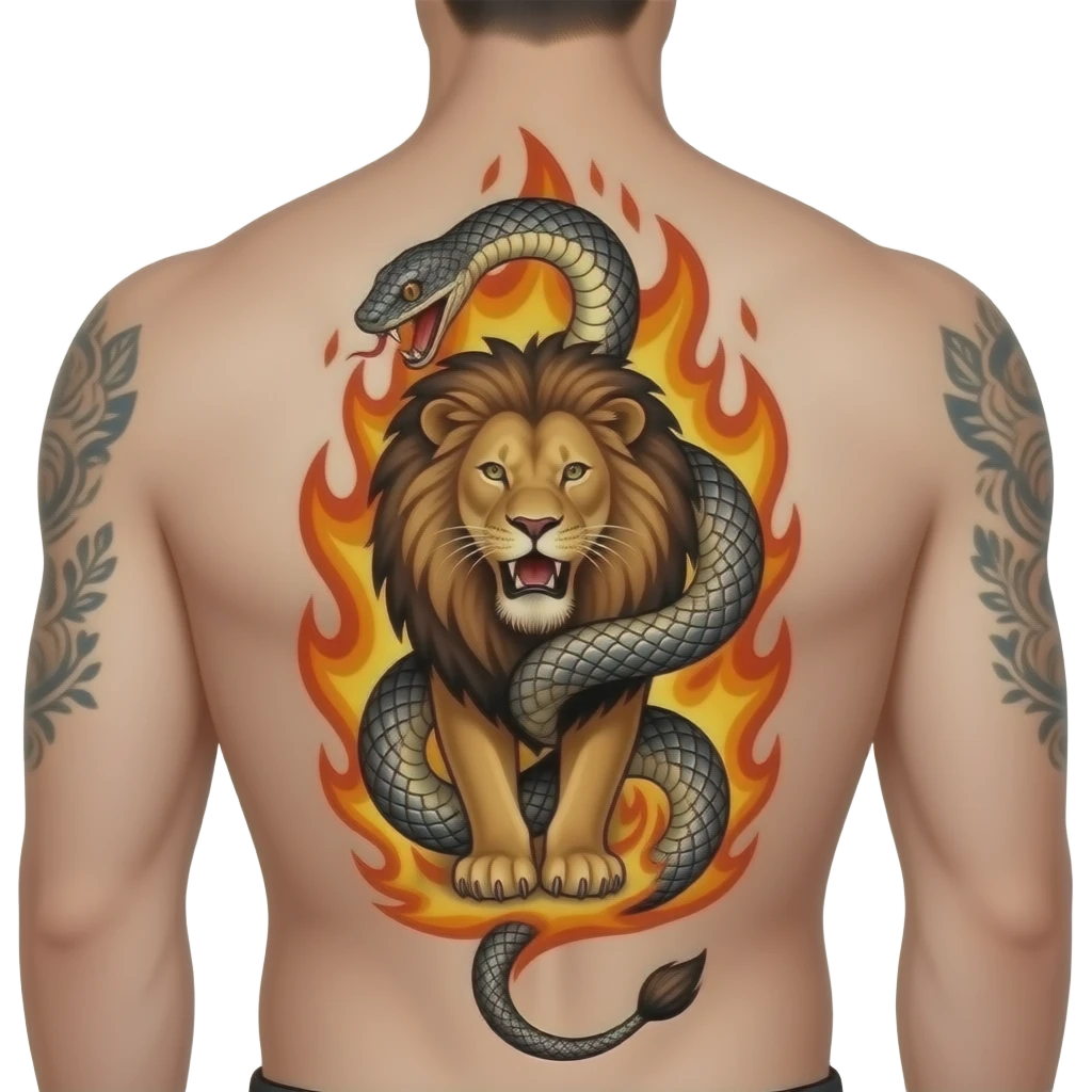 A tattoo of a snake chocking a lion on fire on someone’s back emoji