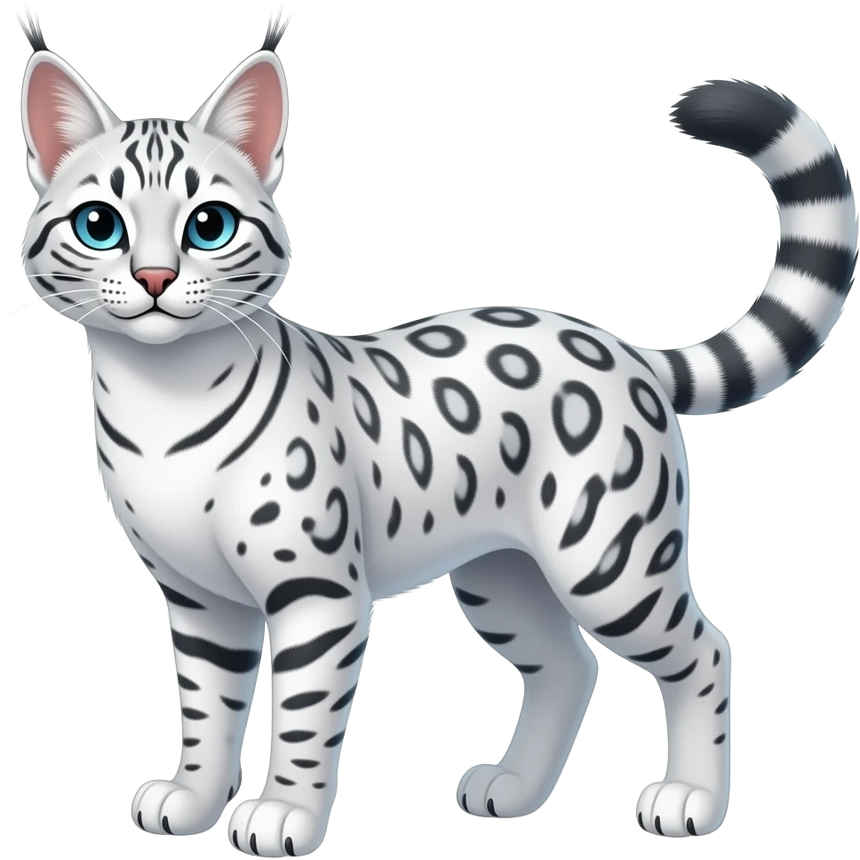 White soft silky smooth vernid-Civet-Genet-Bobcat-Caracal-Serval-animal-hybrid-mix fantasy creature LiLaiRa Kamirah Falvie whiskers paws full body with colorful gradient iridescent patterns fur markings and with a long thin tufted tail feline emoji