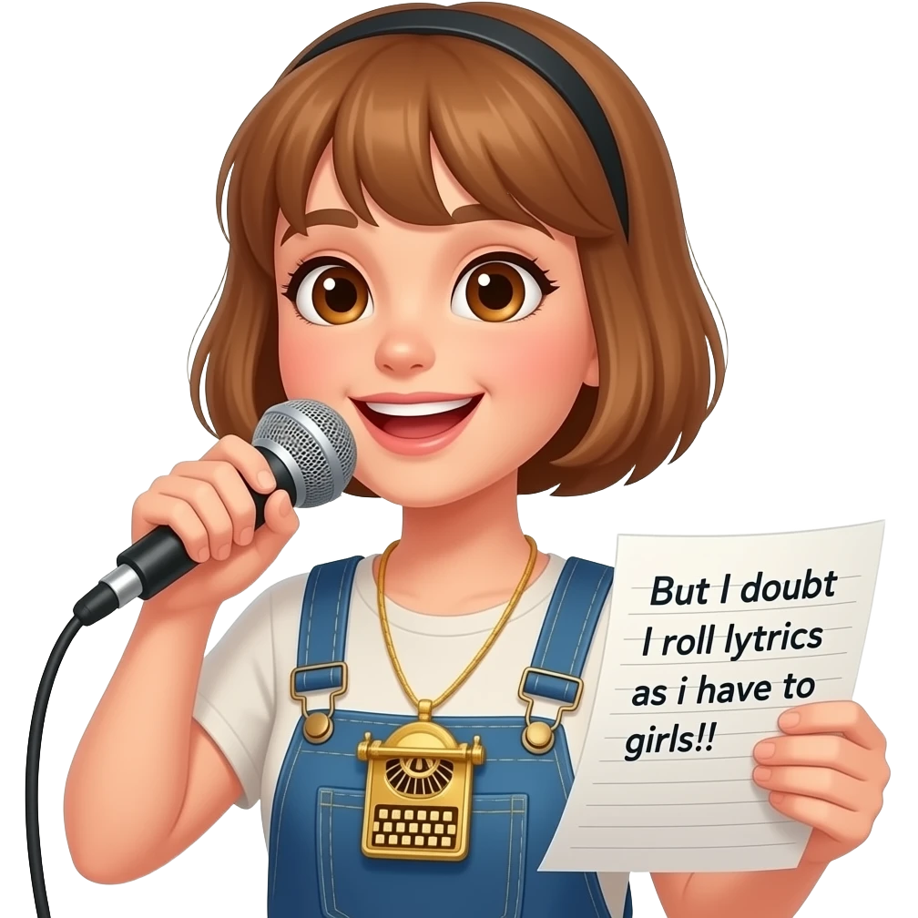 A nerdy girl wearing overalls and short hair and brown eyes rapping and wearing a golden stenography machine as a necklace. On her paper are the lyrics: "But I doubt I roll lyrics as I have to girls!!"
 emoji