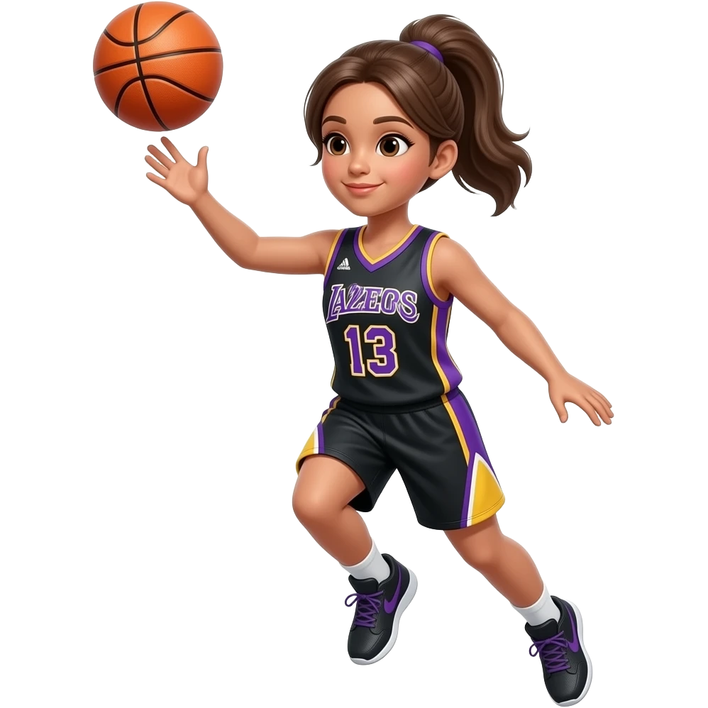 A girl playing basketball with black and then purple and yellow jersey that says a2zoe emoji