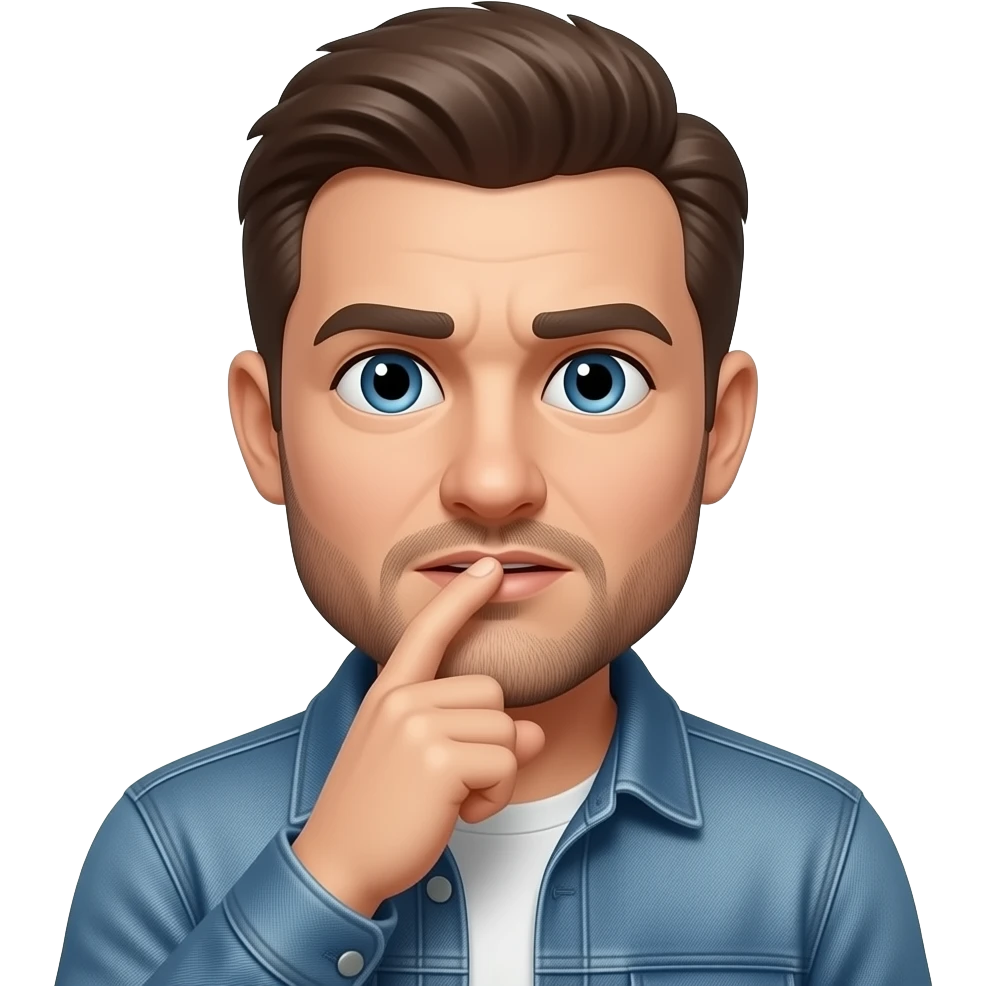 A man mewing with a really long face but a really good jawline with his pointer finger at his lips emoji