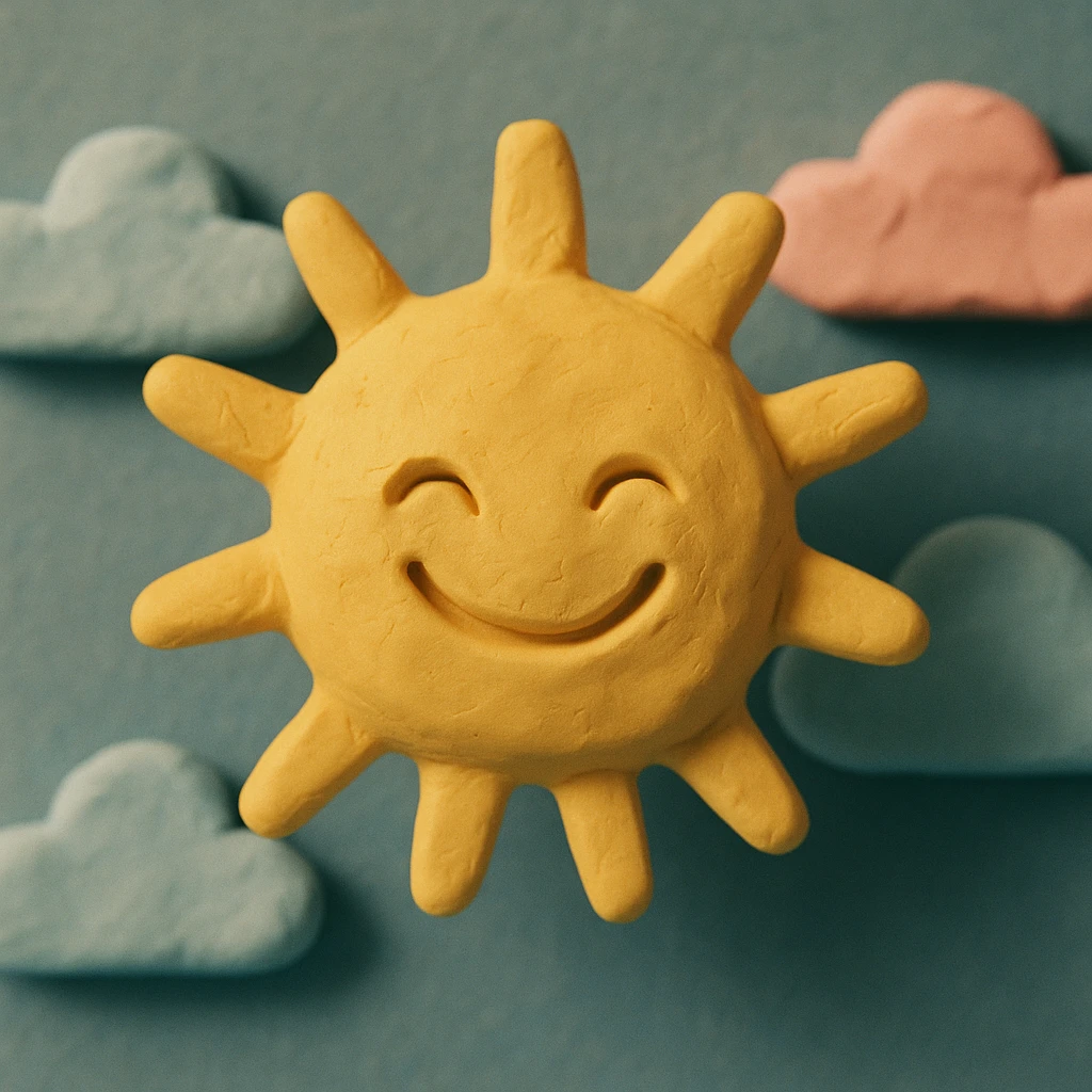 smiling sun with clouds, pastel colors, visible fingerprints, soft matte plasticine claymation style emoji