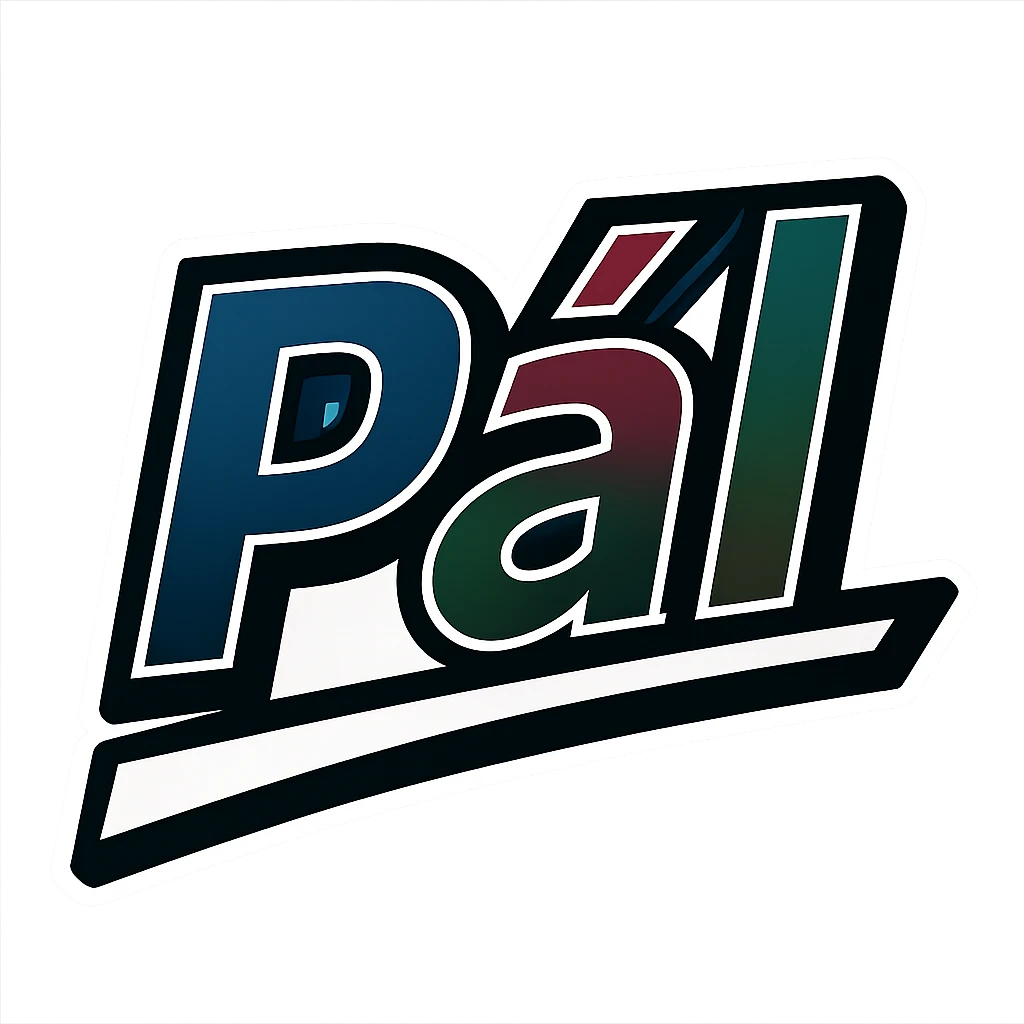 Pál name in masculine, modern, gradient font with precise Hungarian characters, dark outline, extra thick, prominent white letter frame as in sample images, dynamic slanted underline, masculine color shades (blue, gray, burgundy, green, brown), 1000x1000 px, PNG, transparent background emoji