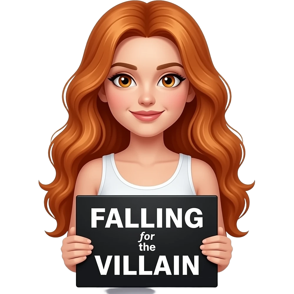 sexy girl with long wavy ginger hair and ginger eyes wearing a white tanktop is holding a black colored sign with FALLING for the VILLAIN written on it emoji