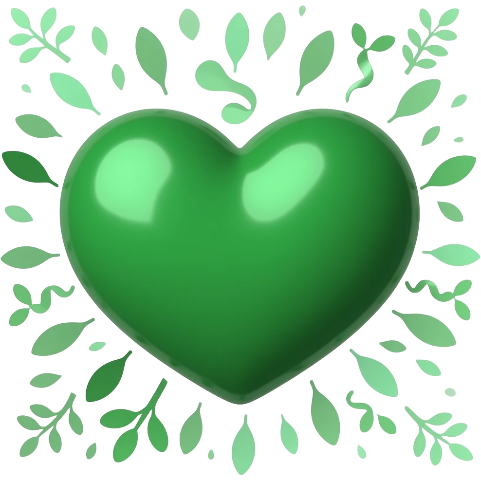 3D green heart surrounded with leaves (The Green Party style leaves), Hex Code colour: 00643b. Add a paler green reflection to the corner of the heart. Make it show success, hope, love, and unity. make sure the background is transparent emoji