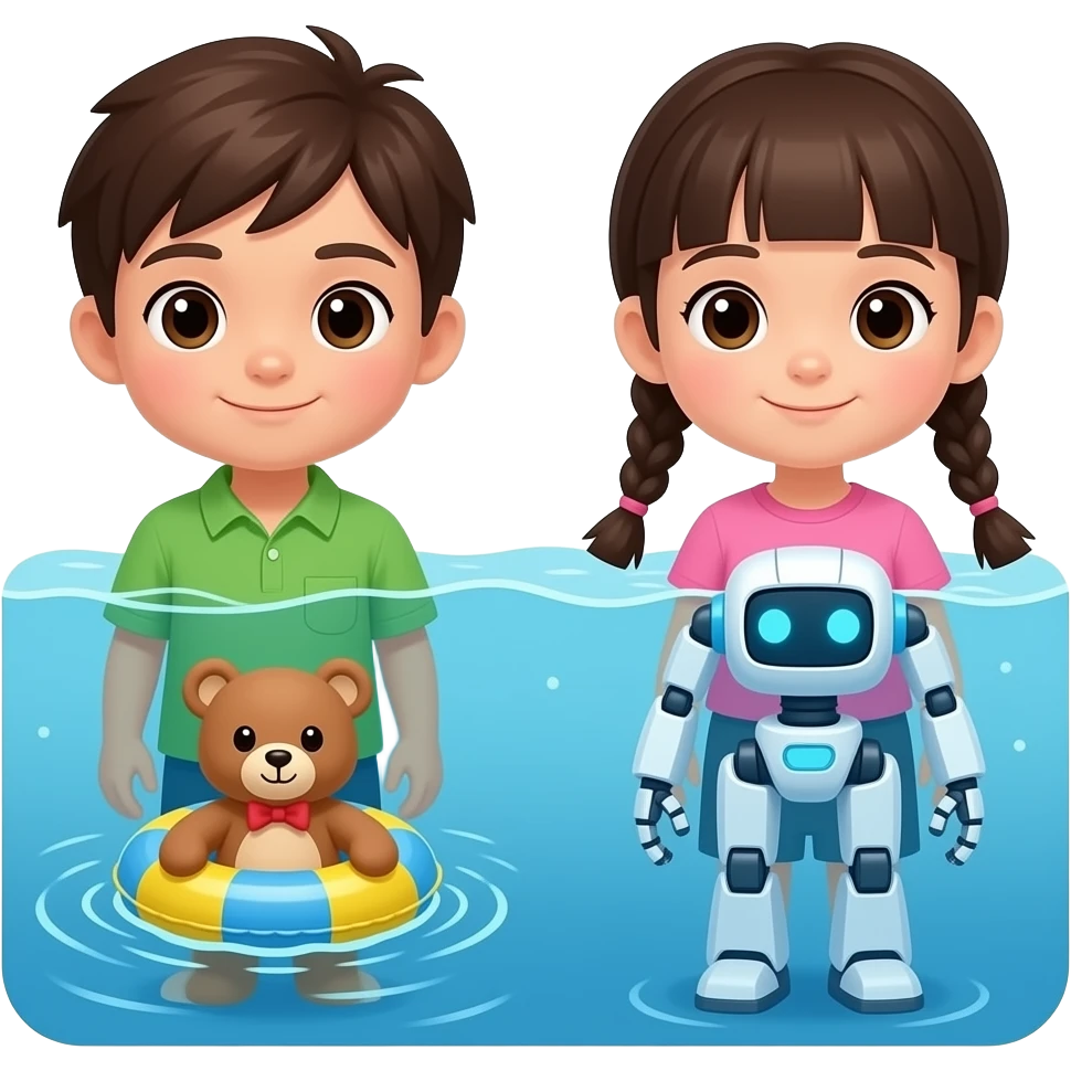 This is the way little fox Boy With Asian Brown hair green collar shirt And Girl With 2 Asian brades And Pink Shirt A Teddy Swimming With A Inflatable Ring And Robot Standing up emoji