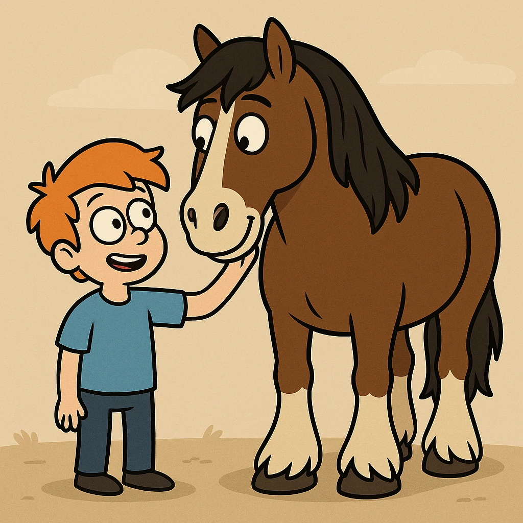 A boy orange hair blue shirt Clydesdale horse emoji