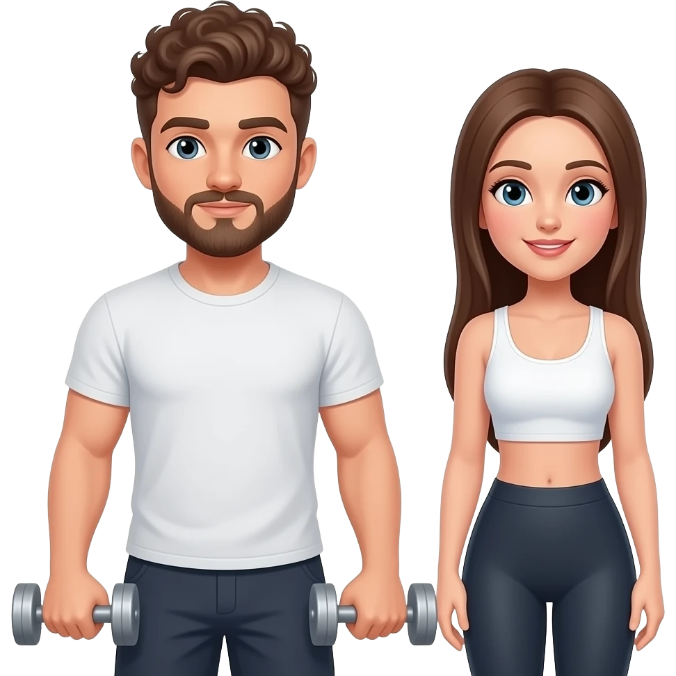 Realistic white man brown super short curly hair with beard working out with realistic white woman brown long straight hair aesthetic emoji