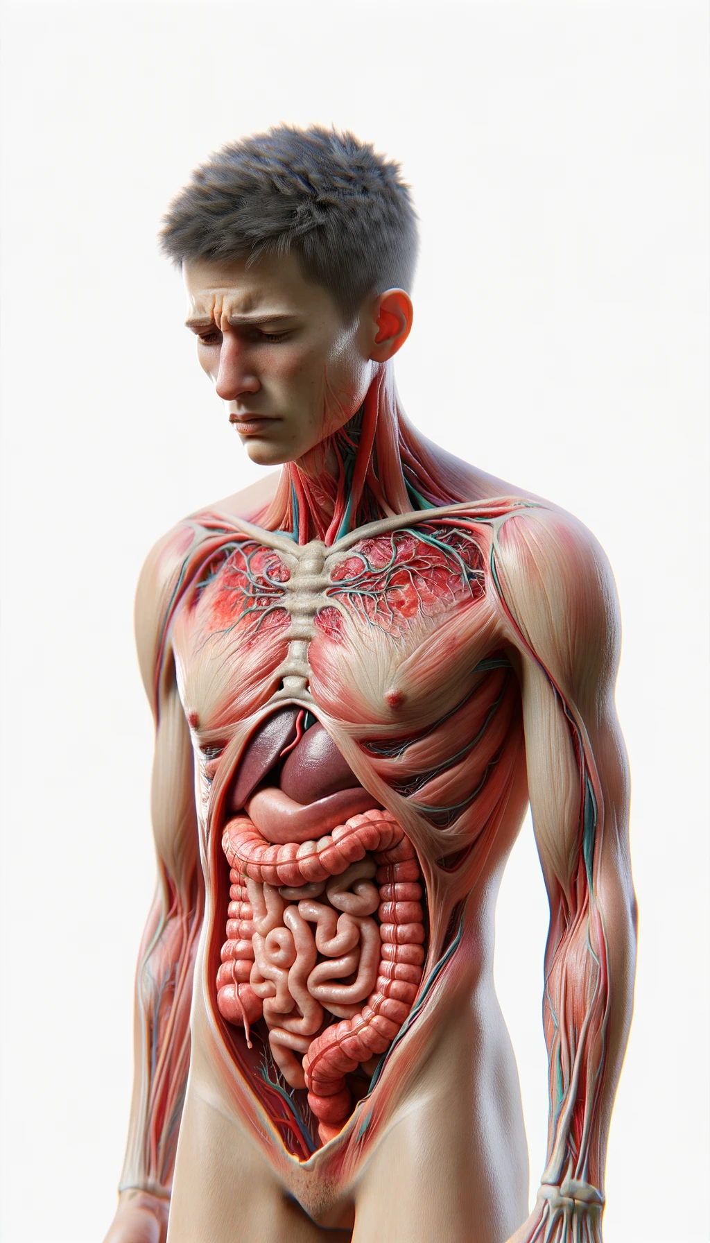 corpo umano anatomico con capelli corti realistico con intestino infiammato, espressione di dolore in volto, iperrealistico 4k, isolato su sfondo bianco emoji