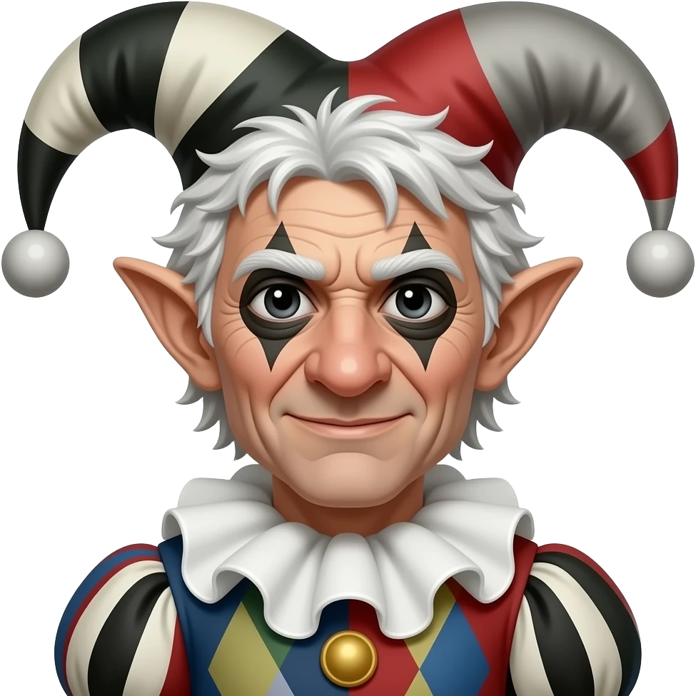 duende, elf ears, big nose, old, messy white hair, jet black eyes, dressed as a court jester emoji