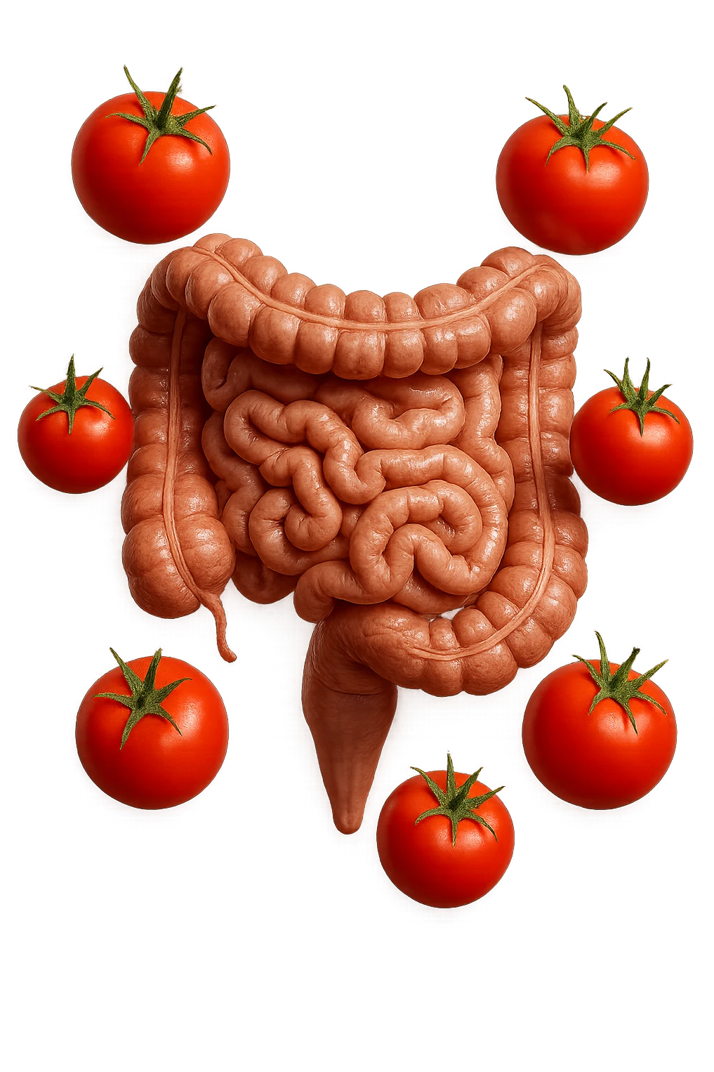 intestino umano anatomico con pomodori che gli fluttuano intorno, iperrealistico 4k emoji