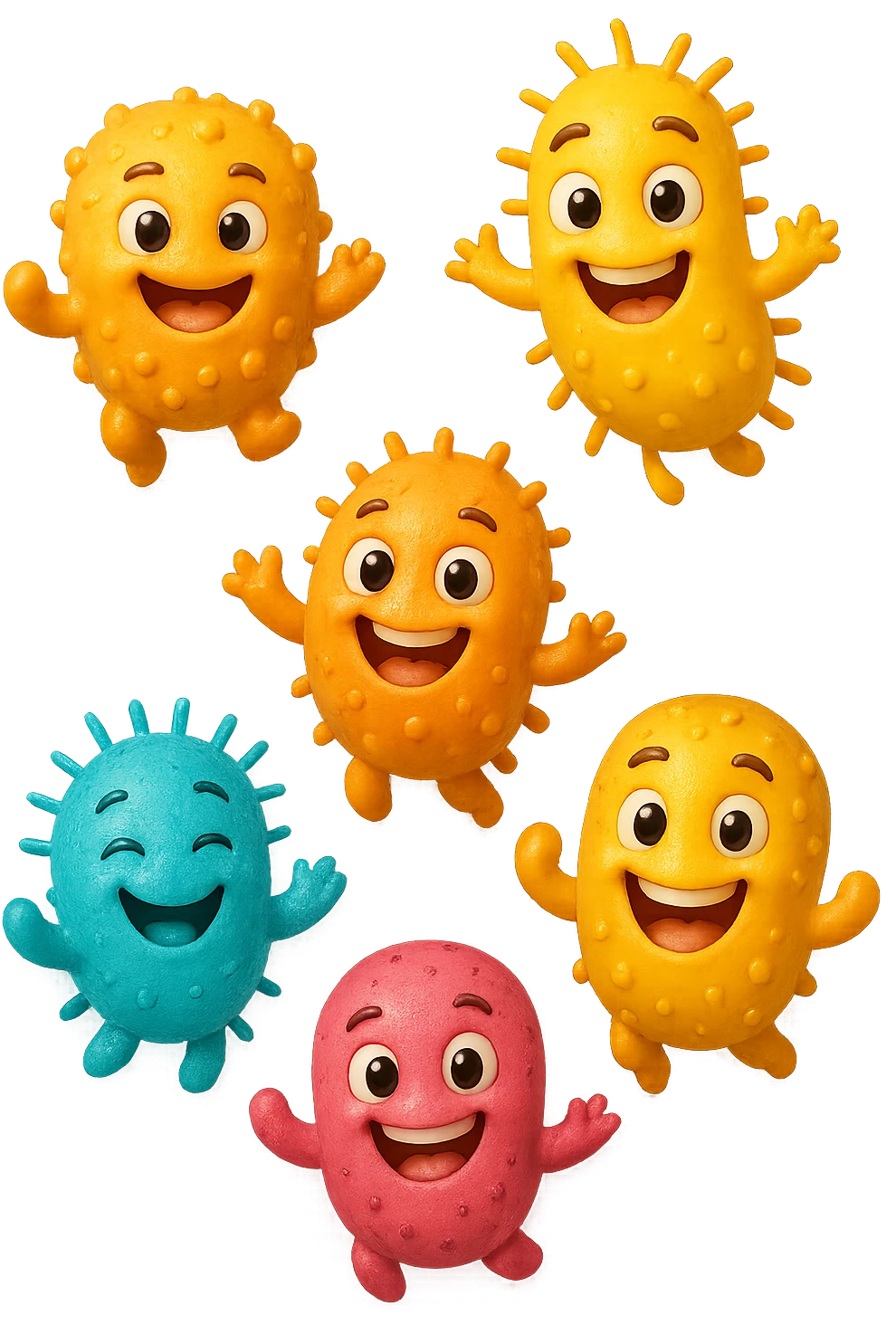 EMOJI STILE IPHONE DI 6 BATTERI INTESTINALI FELICI CHE FLUTTUANO IN ARIA IPERREALISTICO 4K emoji