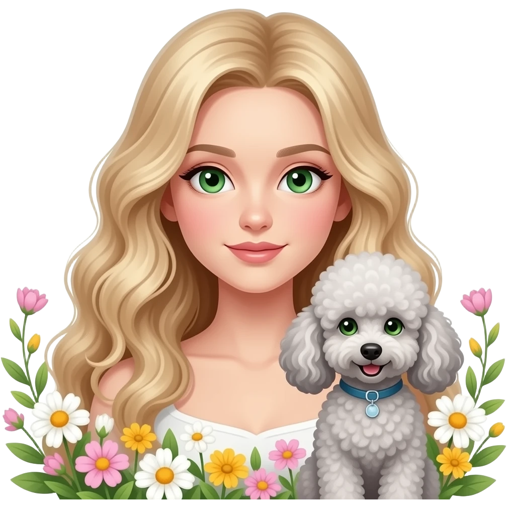 A beautiful girl with green eyes and-long blonde wavy hair a silver curly poodle in the flowers emoji